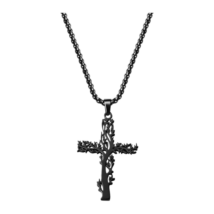 Kreuz-Anhänger Lebensbaum — Edelstahl, Kette 55 cm – Schwarz