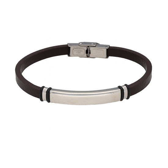 Herren-Armband Kunstleder mit Edelstahl-Platte — Silberfarben
