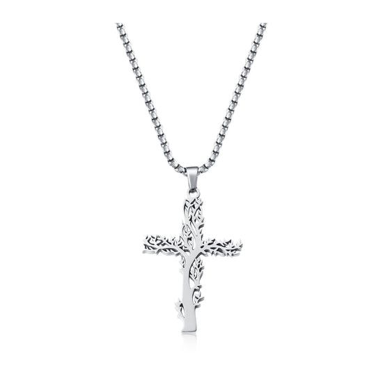 Kreuz-Anhänger Lebensbaum — Edelstahl, Kette 55 cm – Stahlfarben