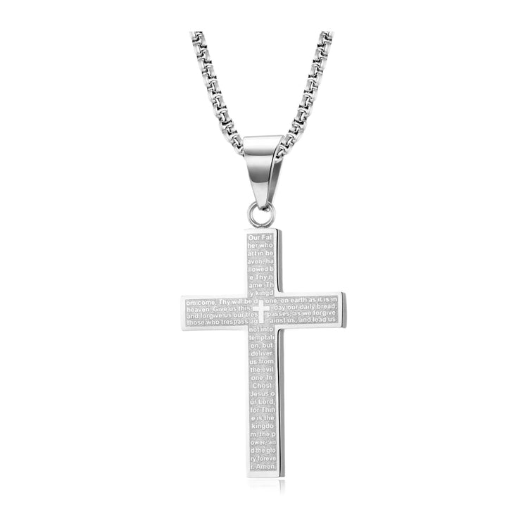 Kreuz-Anhänger mit Vaterunser-Gravur — Edelstahl, Kette 60 cm – Stahlfarben