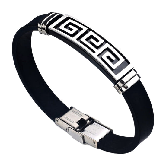 Silikon-Armband mit Edelstahl-Platte — griechisches Mäander-Muster, 20 cm – Stahlfarben