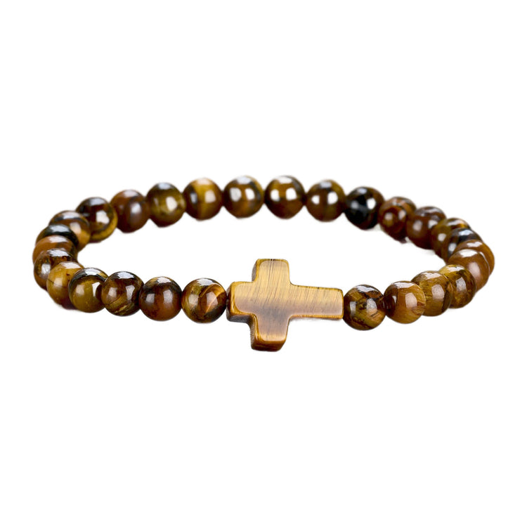 Edelstein-Armband mit Steinkreuz — 6 mm Perlen, elastisch – Tigerauge