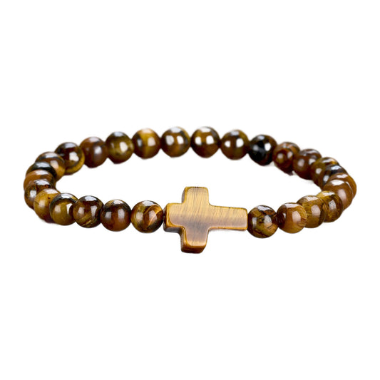 Edelstein-Armband mit Steinkreuz — 6 mm Perlen, elastisch – Tigerauge