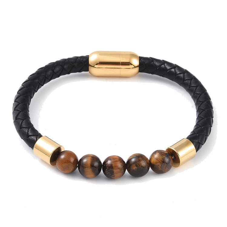Lederarmband mit Steinperlen — Tigerauge / Gold