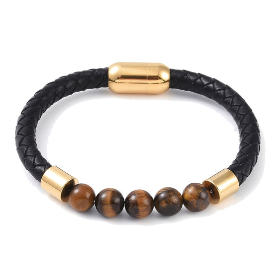 Lederarmband mit Steinperlen — Tigerauge / Gold