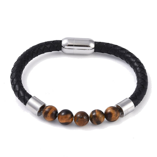 Lederarmband mit Steinperlen — Tigerauge / Stahlfarben