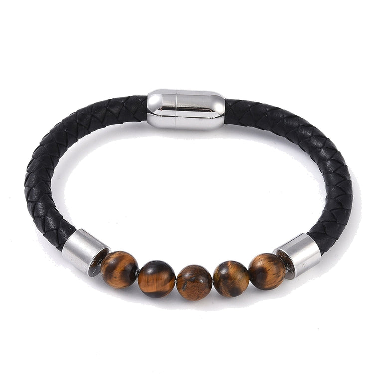 Lederarmband mit Steinperlen — Tigerauge / Stahlfarben