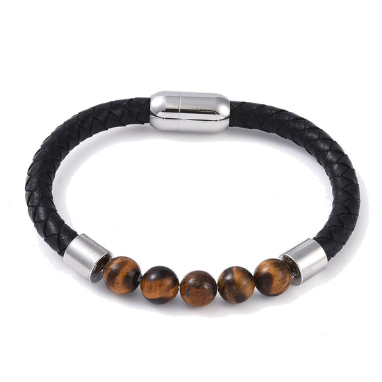 Lederarmband mit Steinperlen — Tigerauge / Stahlfarben