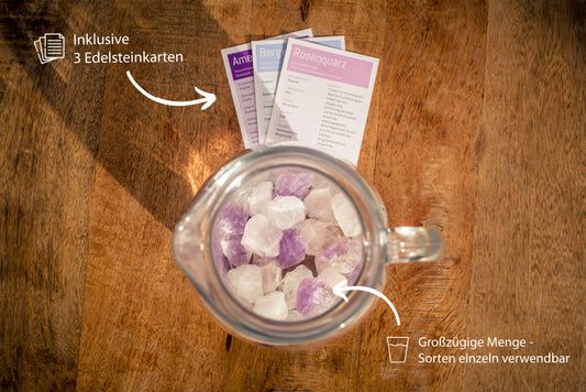 Wassersteine Premium Grundmischung | Bergkristall + Rosenquarz + Amethyst