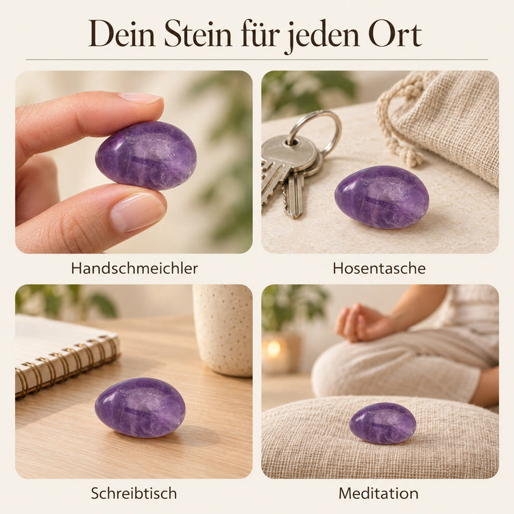 Amethyst Trommelstein als Handschmeichler, in der Hosentasche, auf dem Schreibtisch und zur Meditation