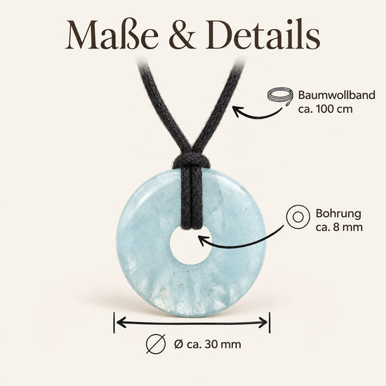 Aquamarin Donut | 30 mm Anhänger + Baumwollband – Maße & Details