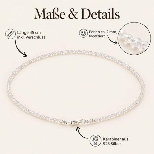 Bergkristall 2 mm Perlenkette facettiert | 45 cm + Silberverschluss – Maße & Details