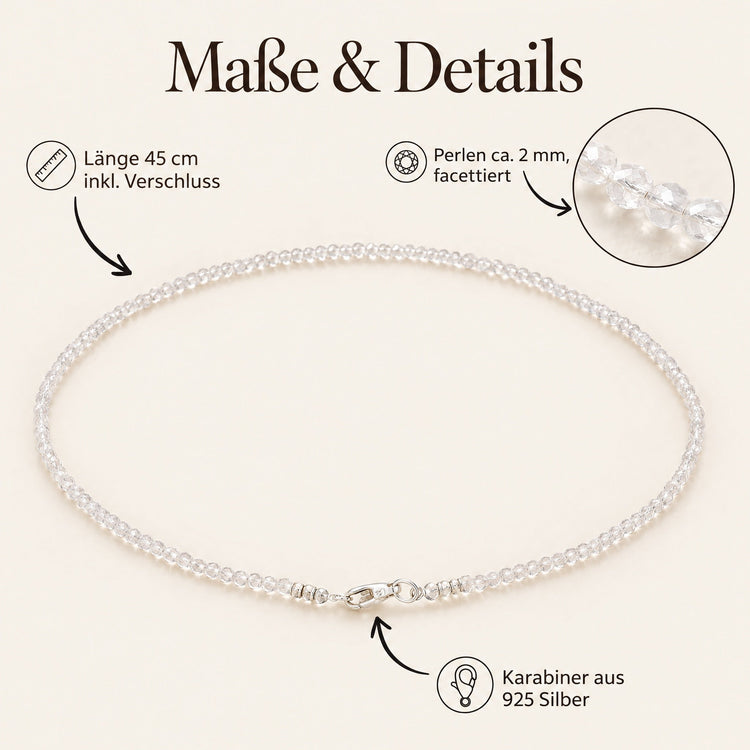 Bergkristall 2 mm Perlenkette facettiert | 45 cm + Silberverschluss – Maße & Details