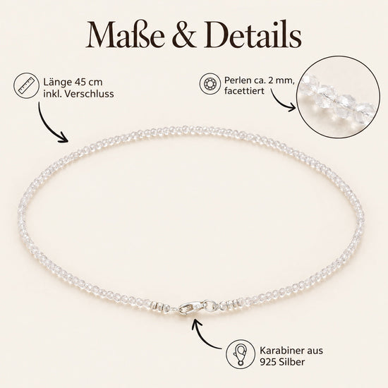 Bergkristall 2 mm Perlenkette facettiert | 45 cm + Silberverschluss – Maße & Details