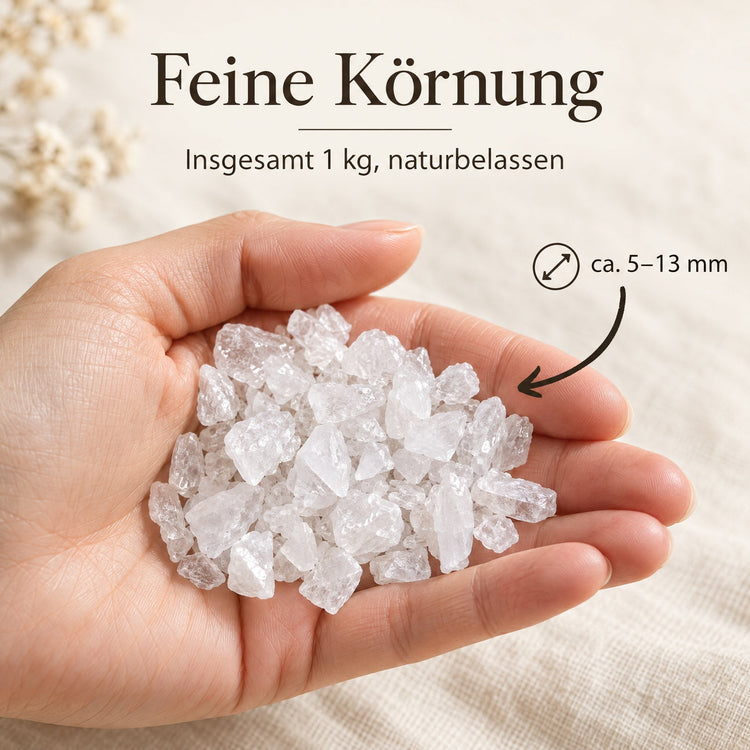 Bergkristall Granulat, grob 5-13 mm | 1000 Gramm – Größe in der Hand