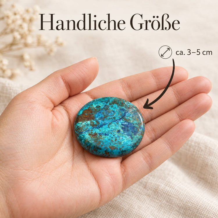 Chrysokoll Scheibenstein | Handschmeichler Taschenstein – Größe in der Hand