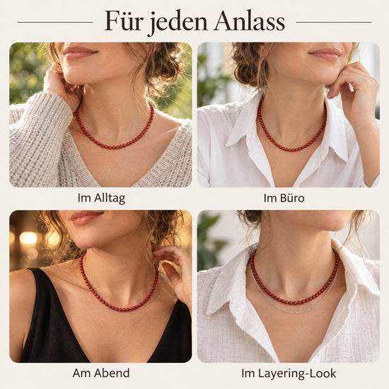 Jaspis, rot Kugelkette | Ø 4mm mit 925er Silber Verschluss | 45cm – getragen – für jeden Anlass