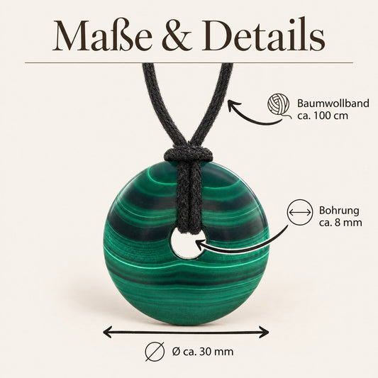 Malachit Donut | 30 mm Anhänger + Baumwollband – Maße & Details