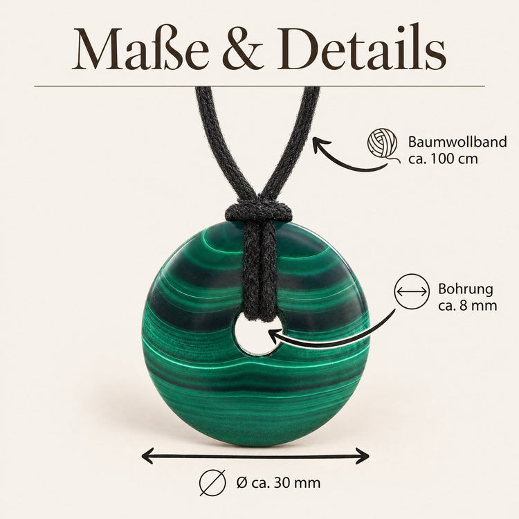 Malachit Donut | 30 mm Anhänger + Baumwollband – Maße & Details