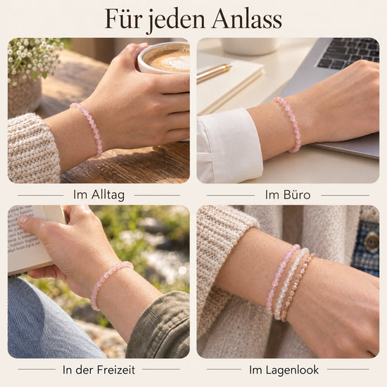 Rosenquarz Mini-Kugelarmband | 4 mm – getragen – für jeden Anlass