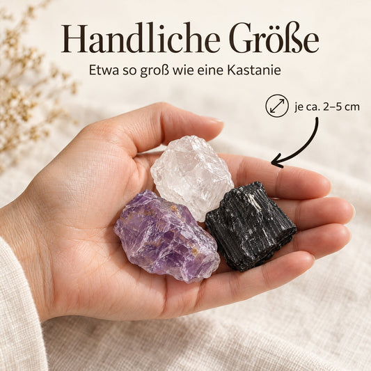 Wassersteine „Schutz" Mischung | Schörl + Amethyst + Bergkristall – Größe in der Hand