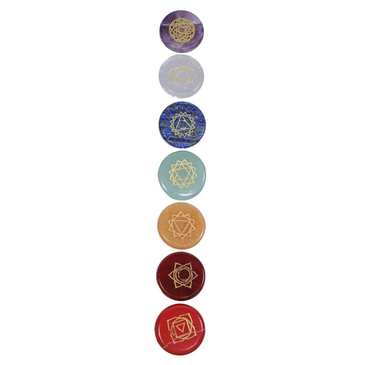 Chakra-Steine Set mit Symbolen | 7 Scheibensteine im Baumwollbeutel